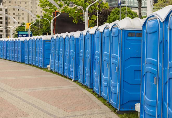 hygienic portable restrooms lined up at a music festival, providing comfort and convenience for attendees in Cohoes